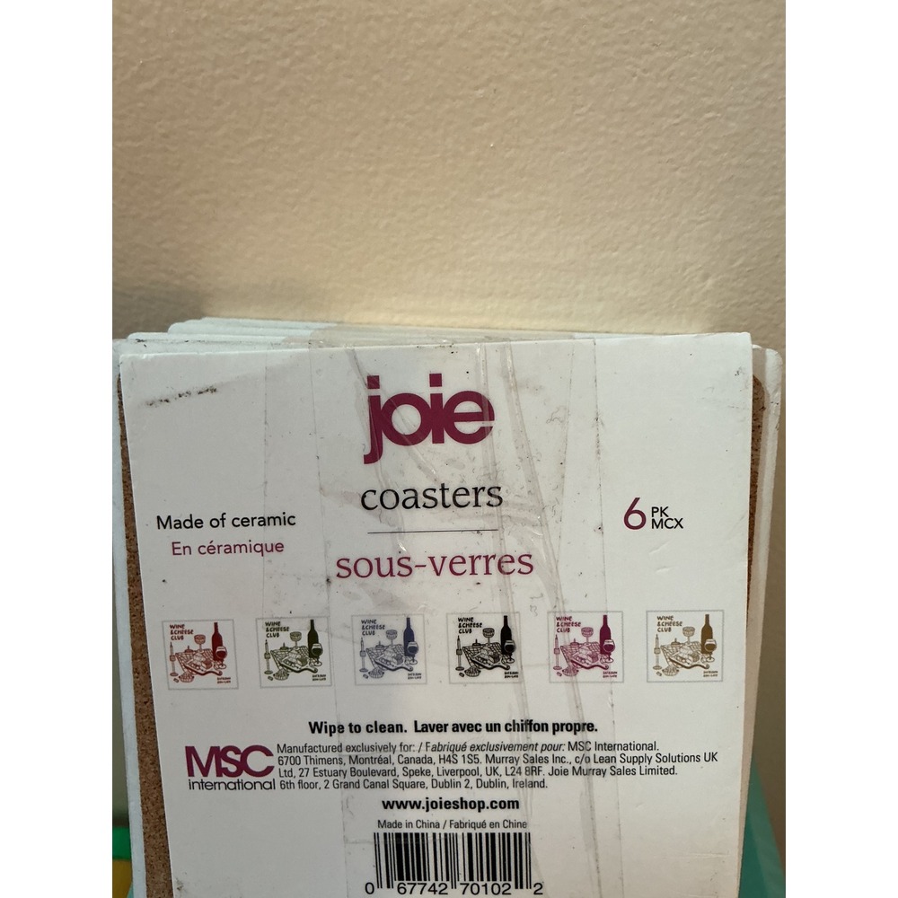 Joie Wine and Cheese Club Ceramic Coasters Set of 6 Cork Backed White Burgundy - Picture 4 of 4